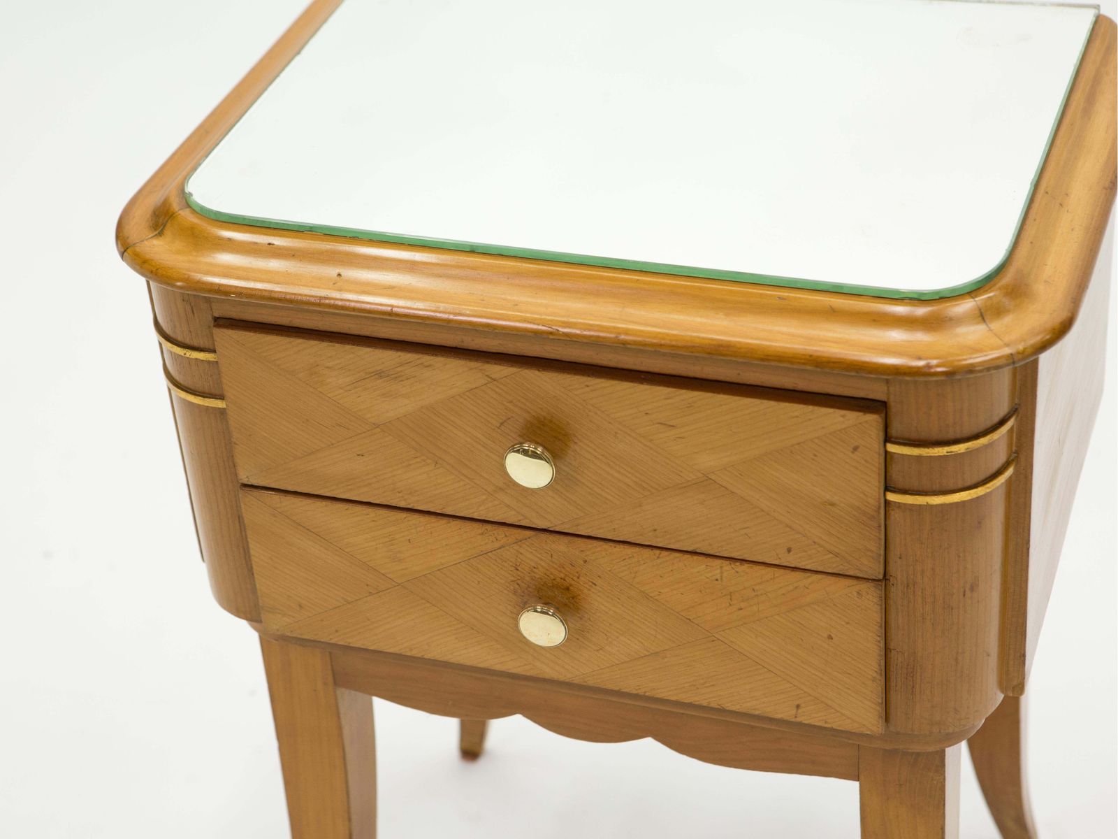 Tables de chevet françaises en sycomore et laiton, 2 tiroirs, par Jean Pascaud, années 1940 photo buy