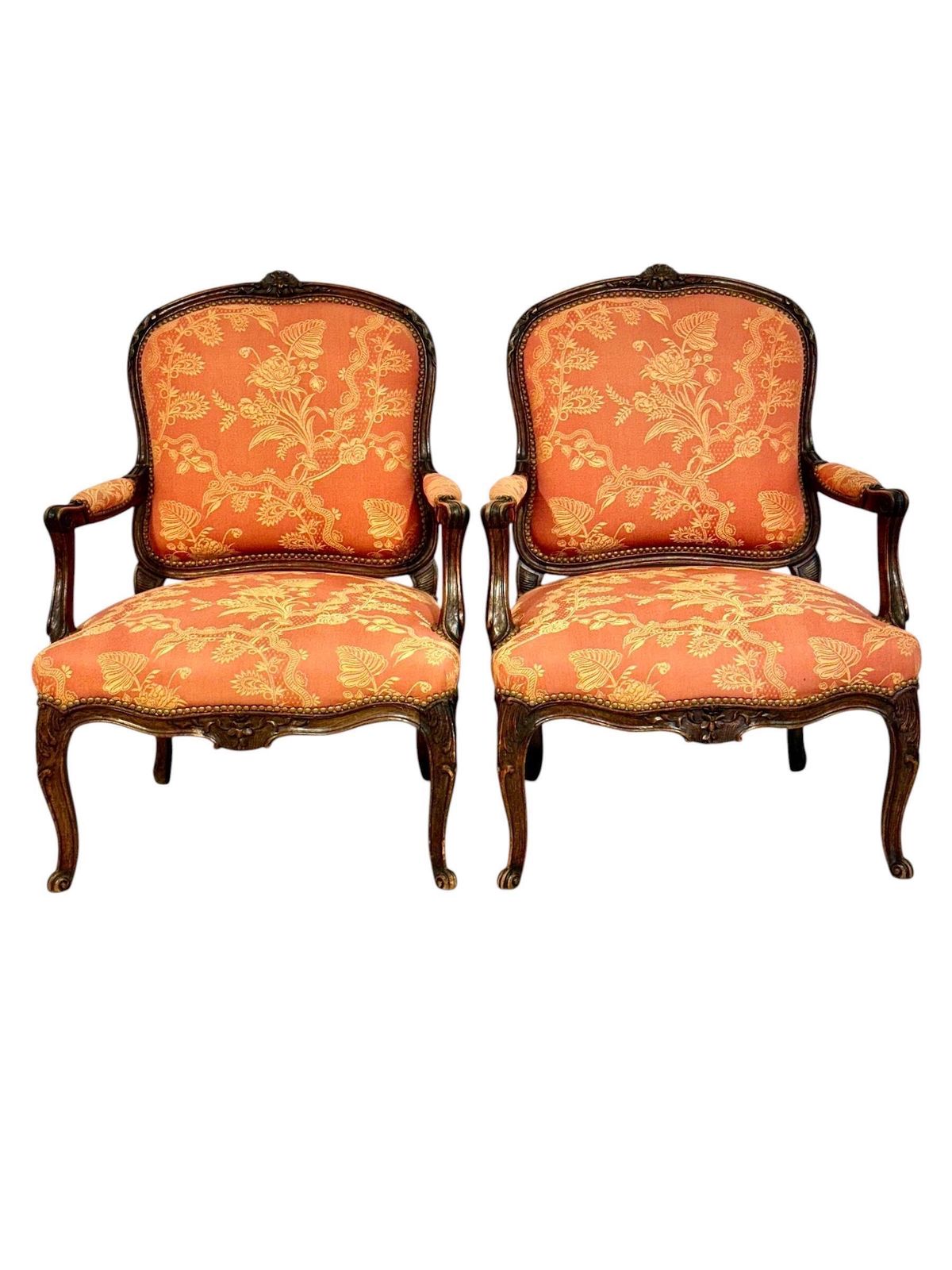 Pair Of French Louis XV Style Walnut Fauteuils, Circa 1880 photo vintage