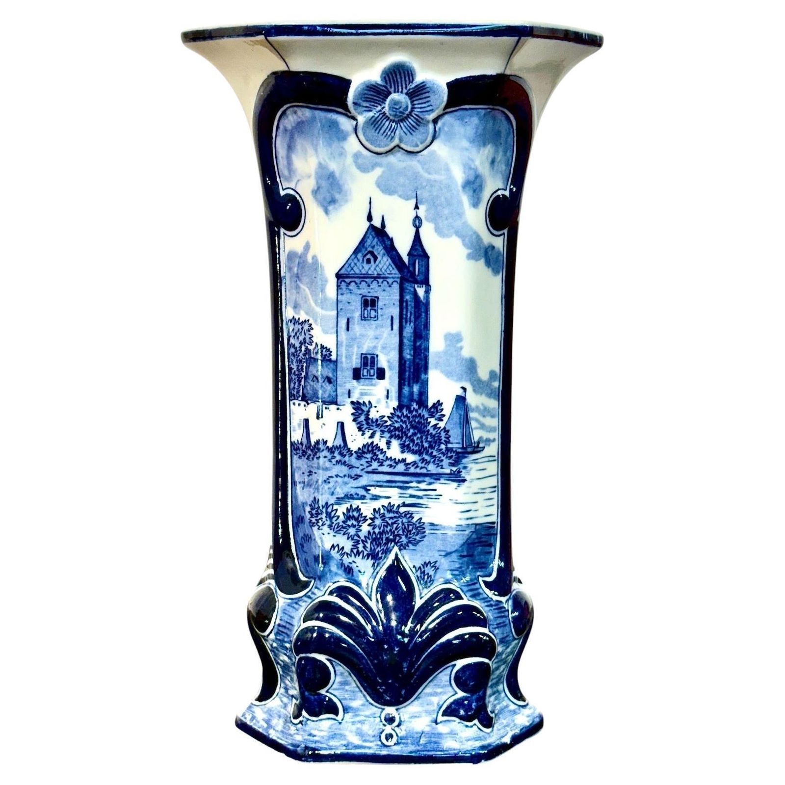 20th Century Delft White & Blue Scenic Faience Vase