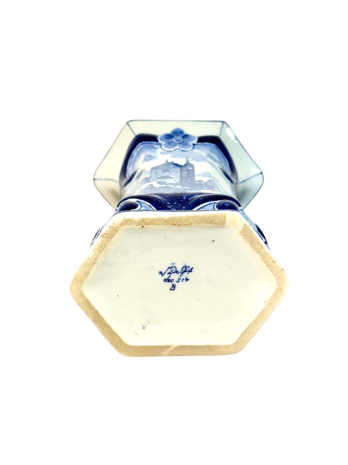 20th Century Delft White & Blue Scenic Faience Vase photo vintage