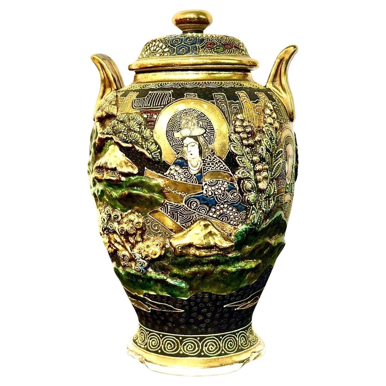 Japanese Satsuma Moriage Covered Vase With Figural Decoration