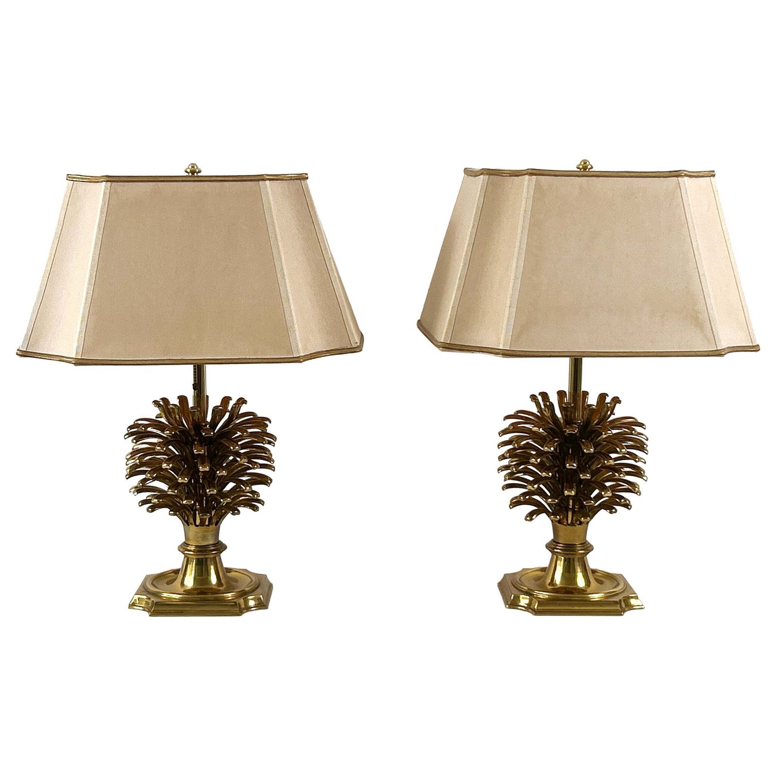 Set Of Two Large Exceptional Brass Pine Cone Table Lamps By Feese Germany 1980s