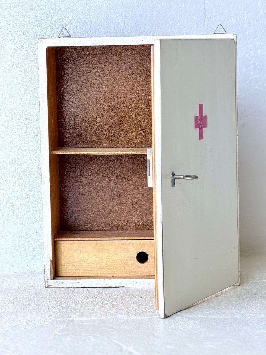 photo for sale Mid Century Wooden Wall Mounted Medicine Cabinet With Drawer, 1960
