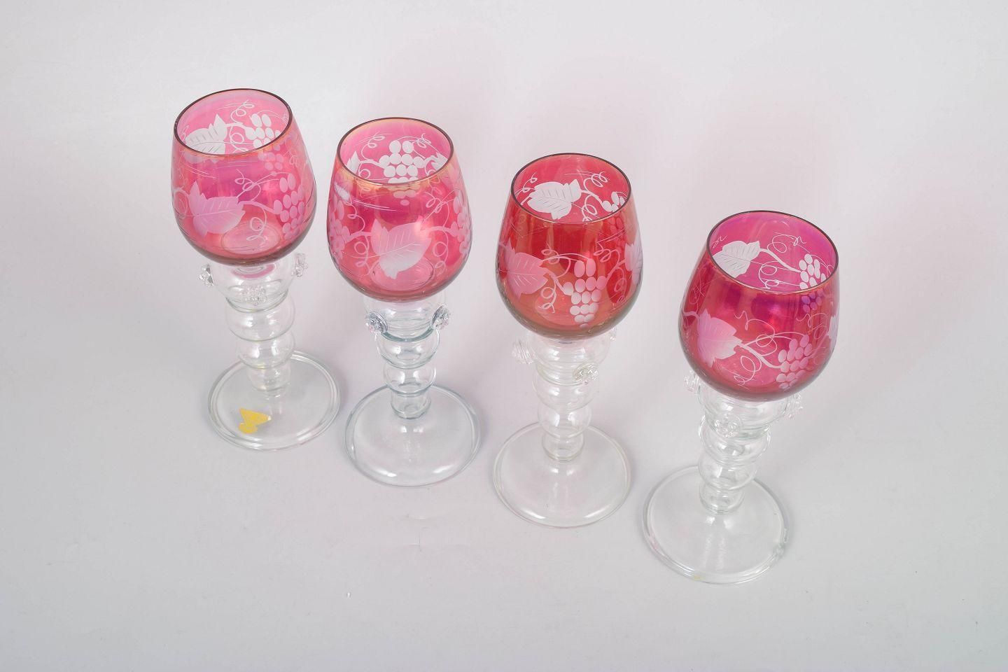 Set Of Four Bohemian Crystal Red Wine Glasses With Flowers And Grapes Motif. photo furniture