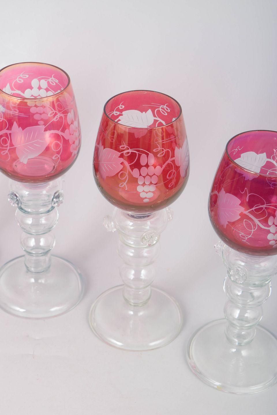 Set Of Four Bohemian Crystal Red Wine Glasses With Flowers And Grapes Motif. photo for sale