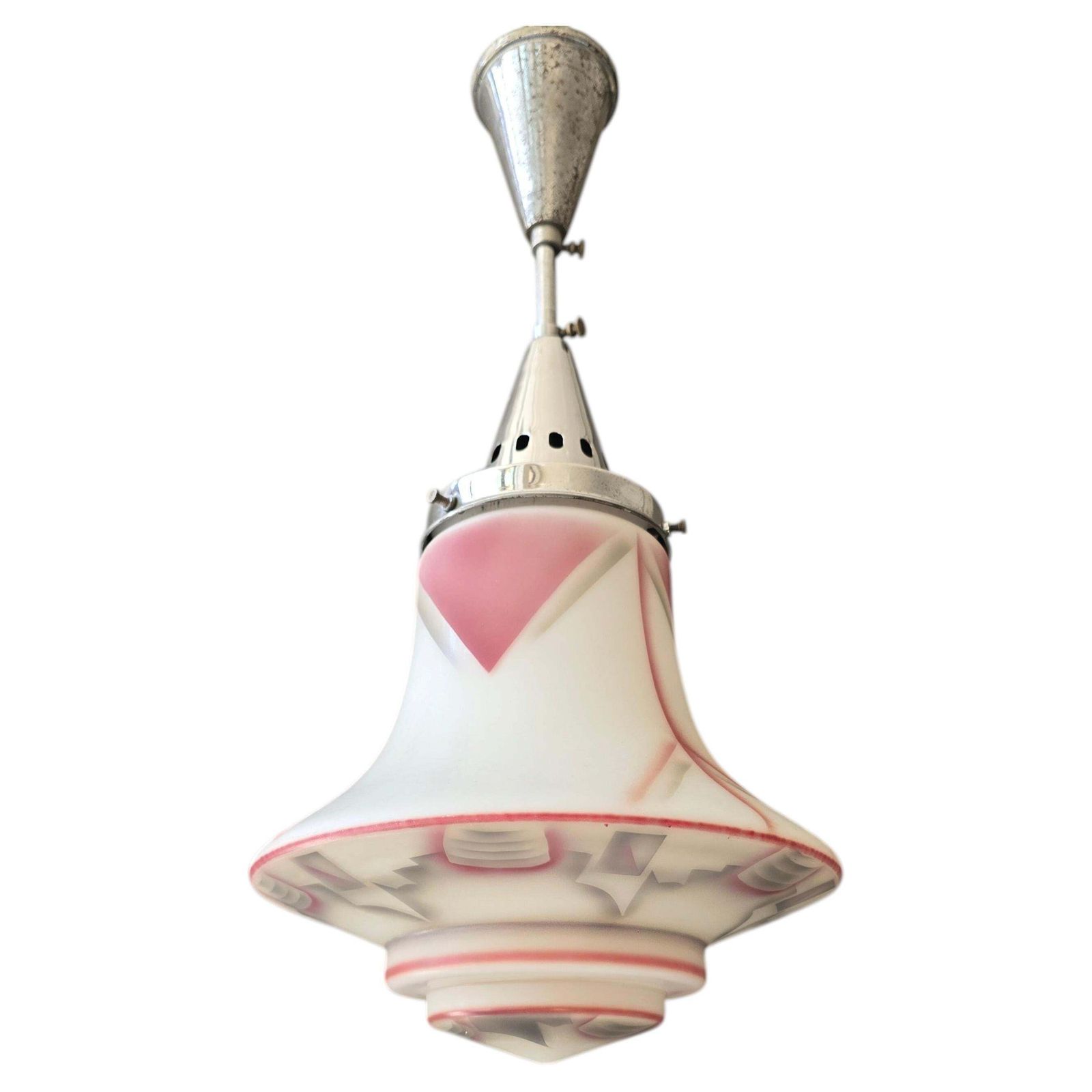 Art Deco Pink And White Frosted Glass Pendant Light, France, 1930s