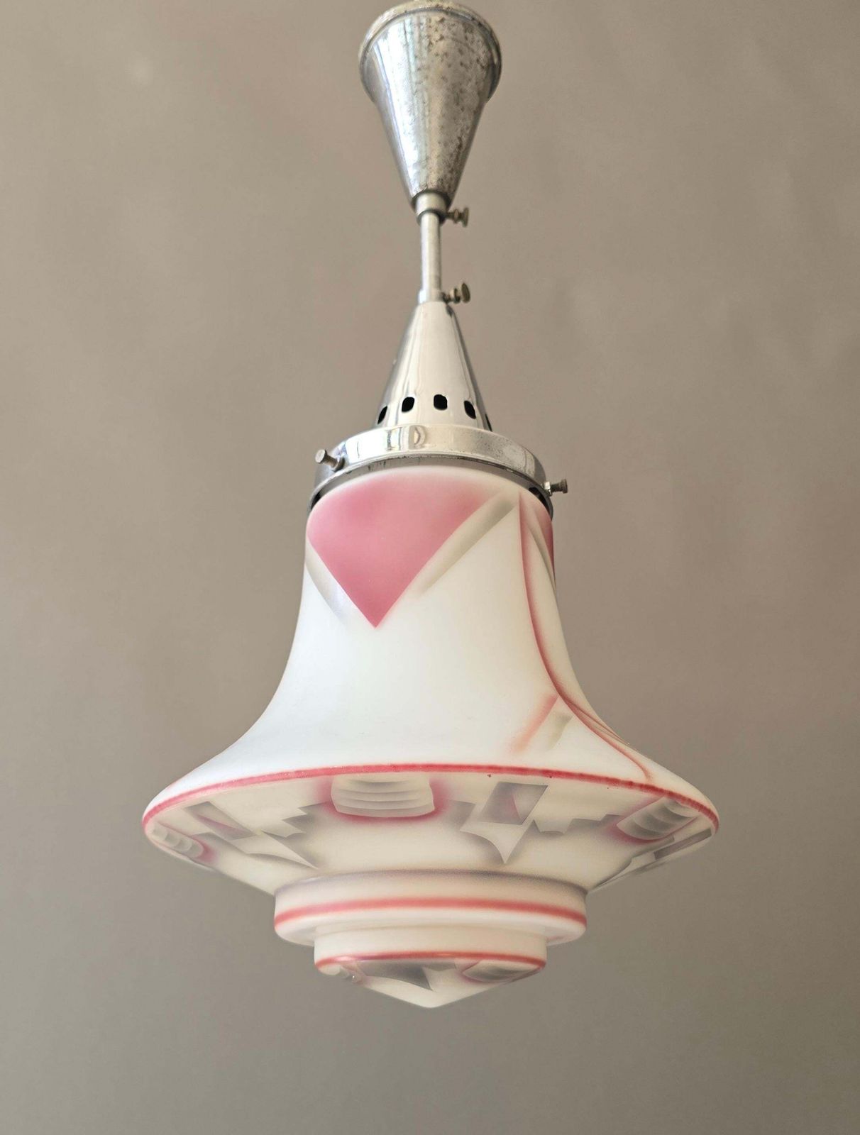 Art Deco Pink And White Frosted Glass Pendant Light, France, 1930s photo vinterior