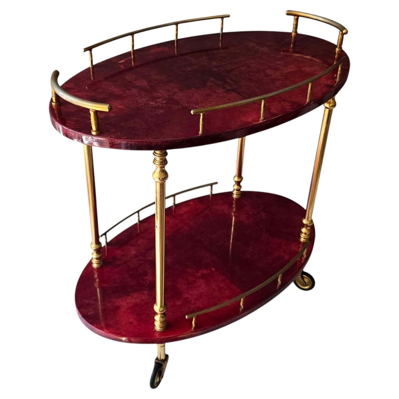 Attributed To Aldo Tura Red Goatskin And Brass Bar Cart, Italy, 1960s photo Furniture