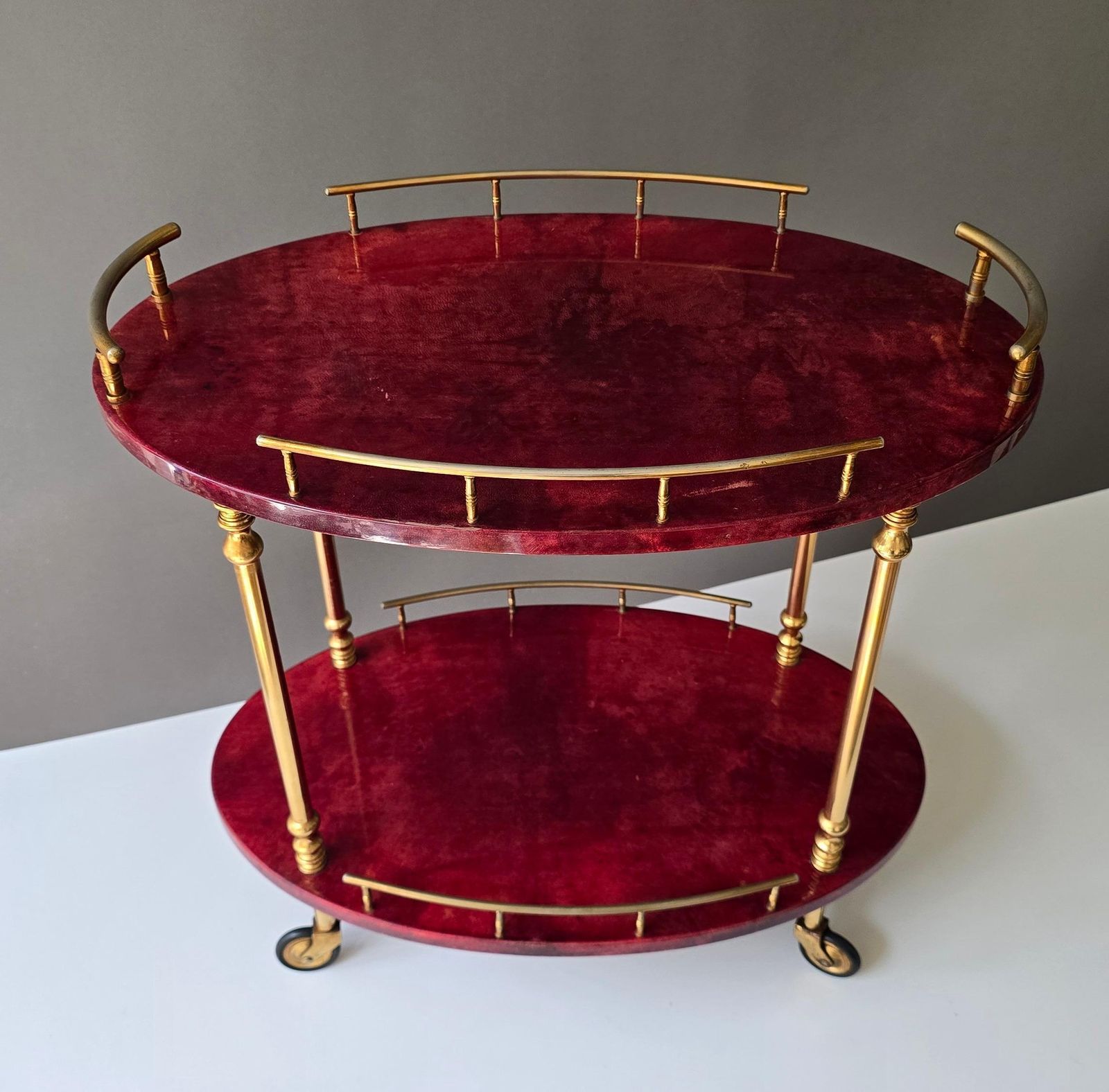 Attributed To Aldo Tura Red Goatskin And Brass Bar Cart, Italy, 1960s photo vinterior