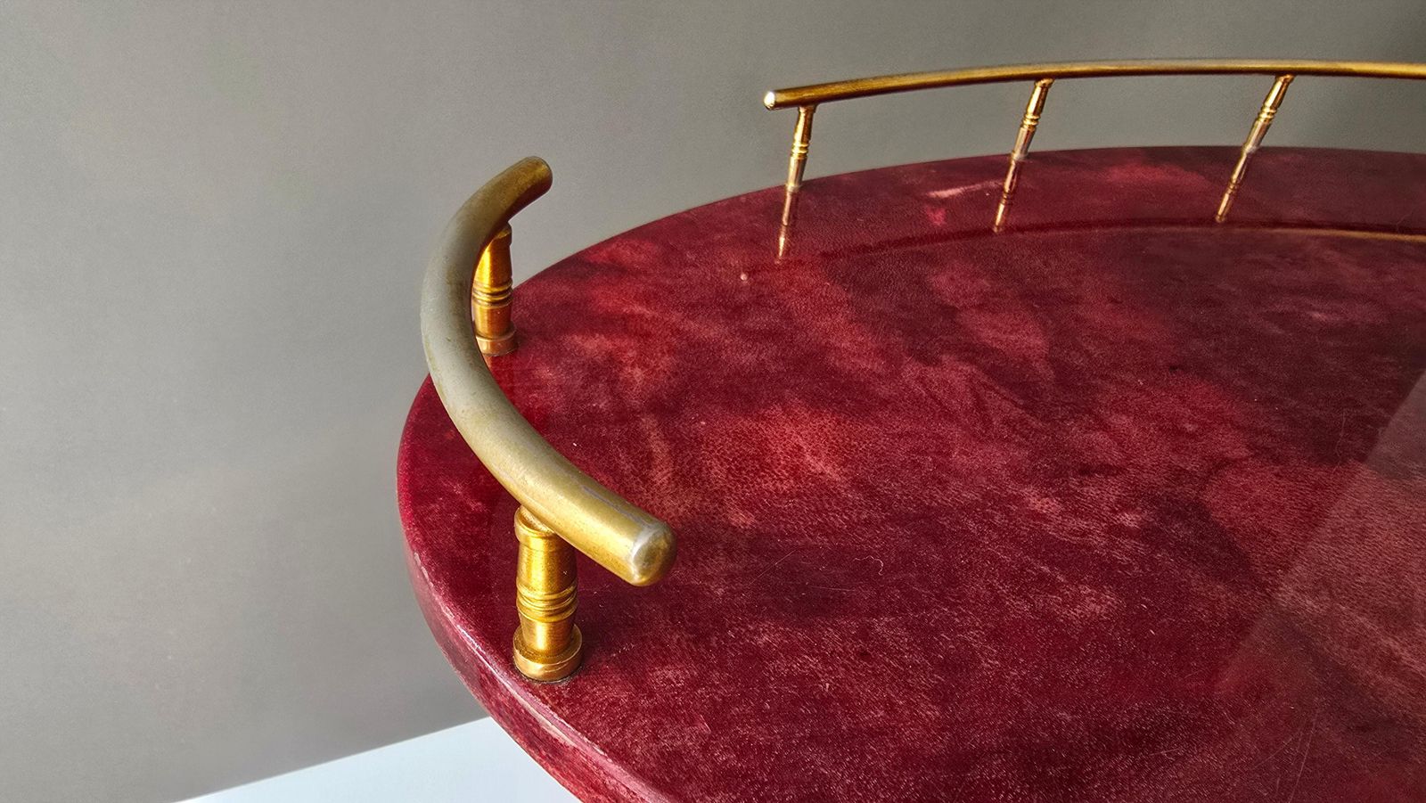 photo for sale Attributed To Aldo Tura Red Goatskin And Brass Bar Cart, Italy, 1960s