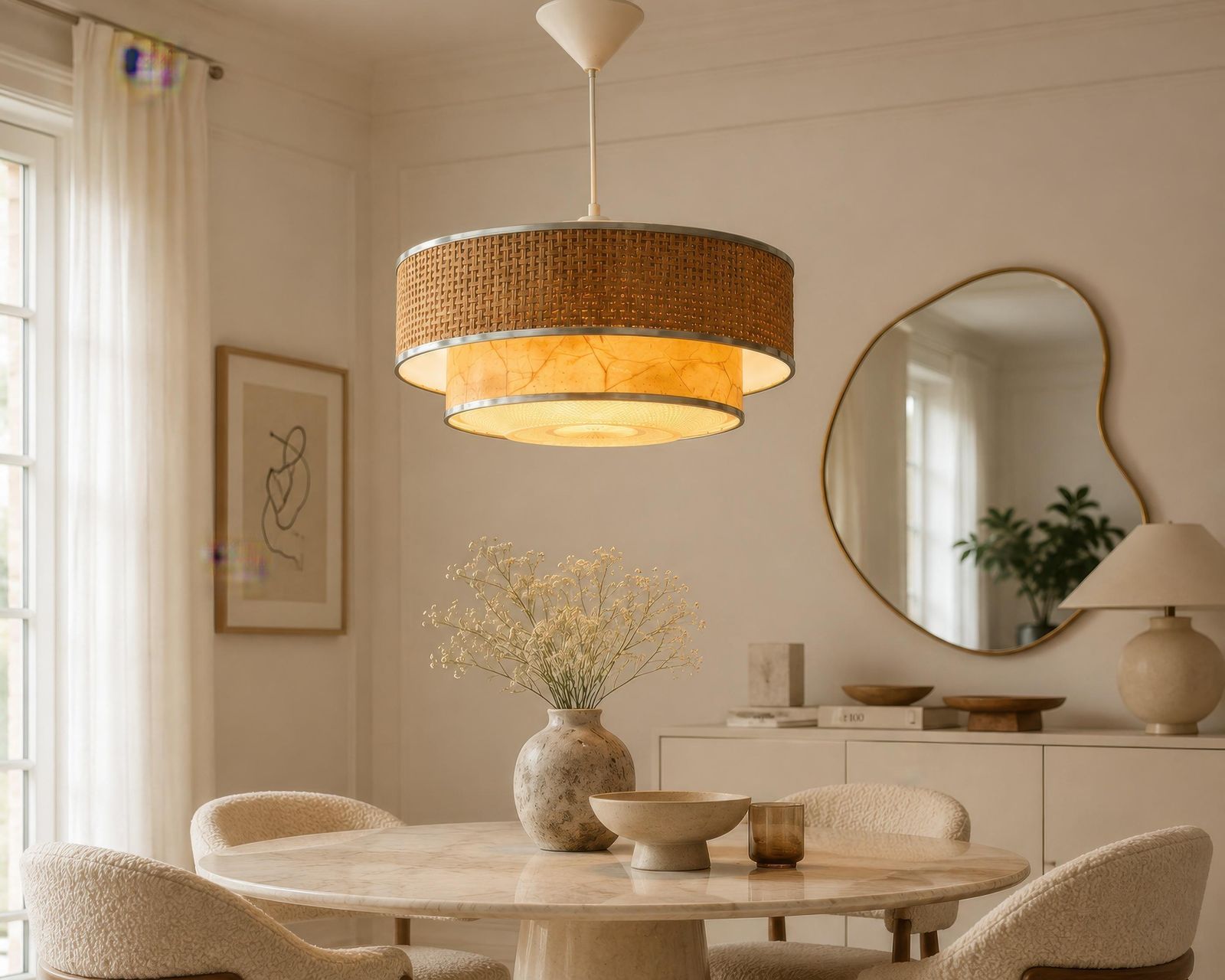 Italian Mid Century Woven Rattan And Marbled Paper Pendant Light, 1960s photo for sale