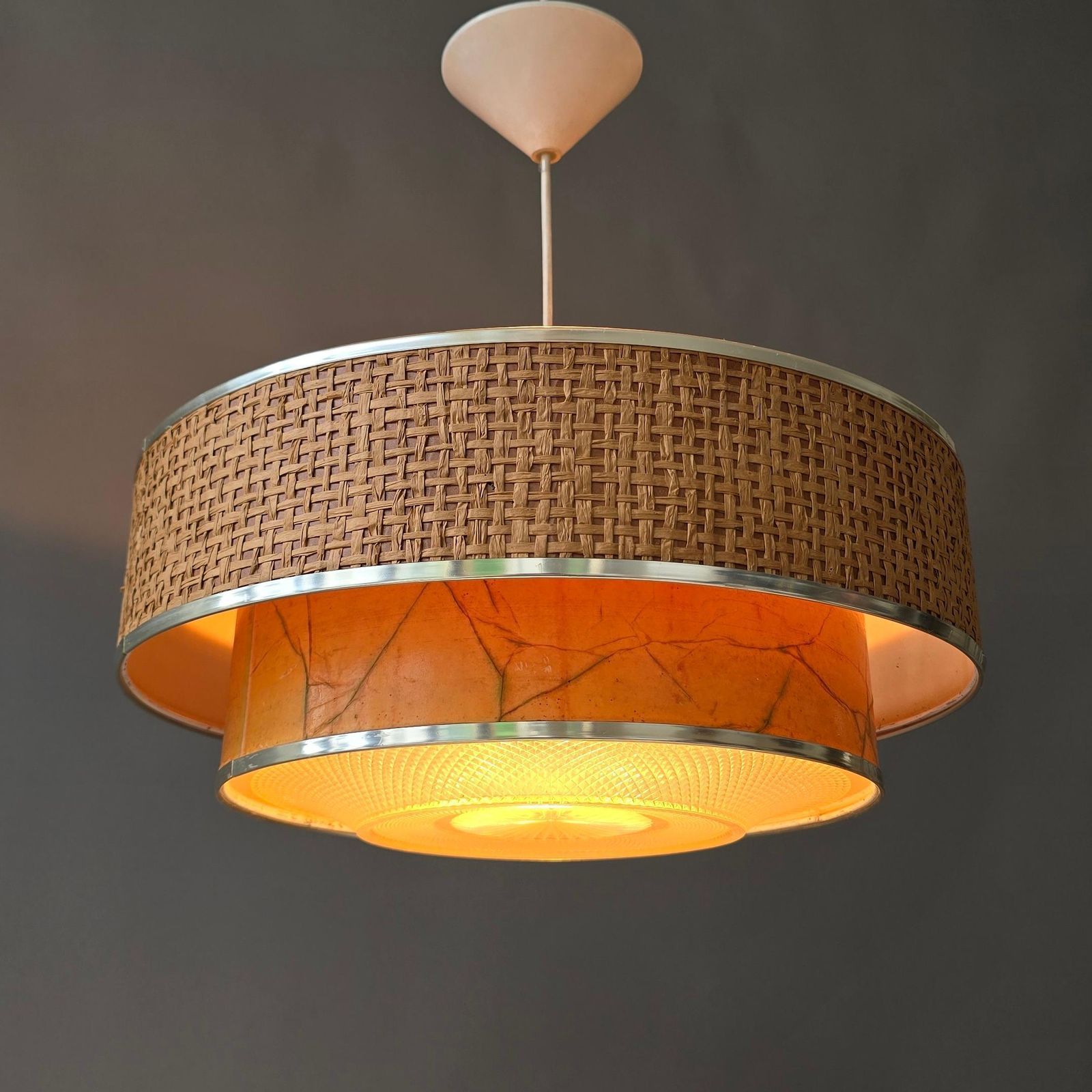 Italian Mid Century Woven Rattan And Marbled Paper Pendant Light, 1960s photo Lighting