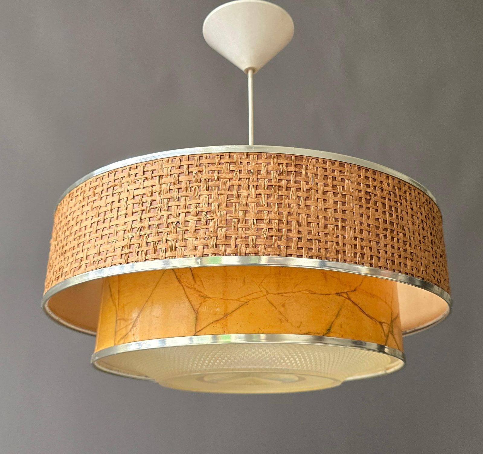 Italian Mid Century Woven Rattan And Marbled Paper Pendant Light, 1960s photo 1545.0