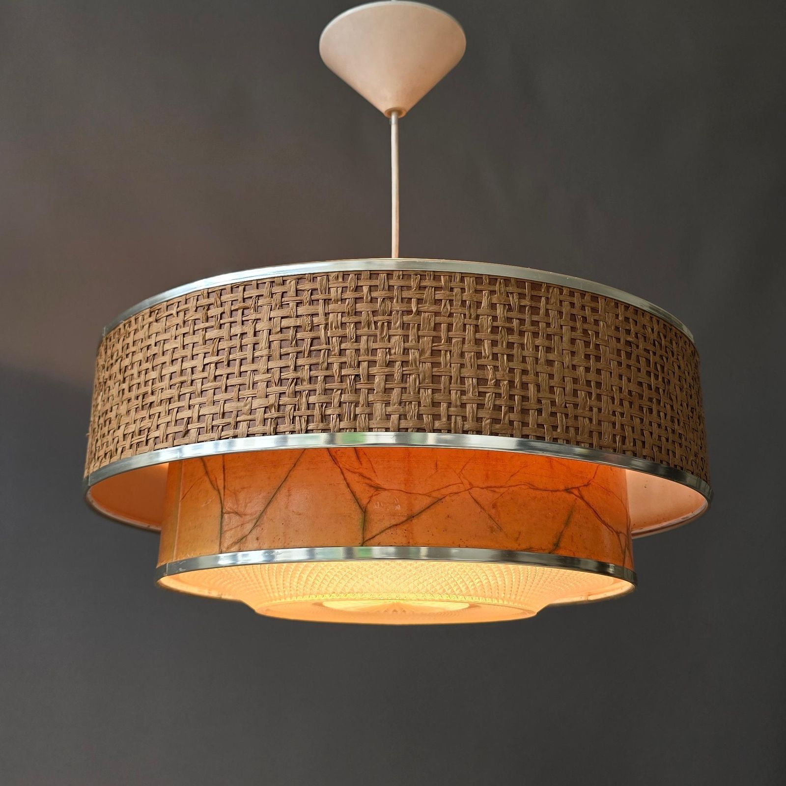 photo furniture Italian Mid Century Woven Rattan And Marbled Paper Pendant Light, 1960s