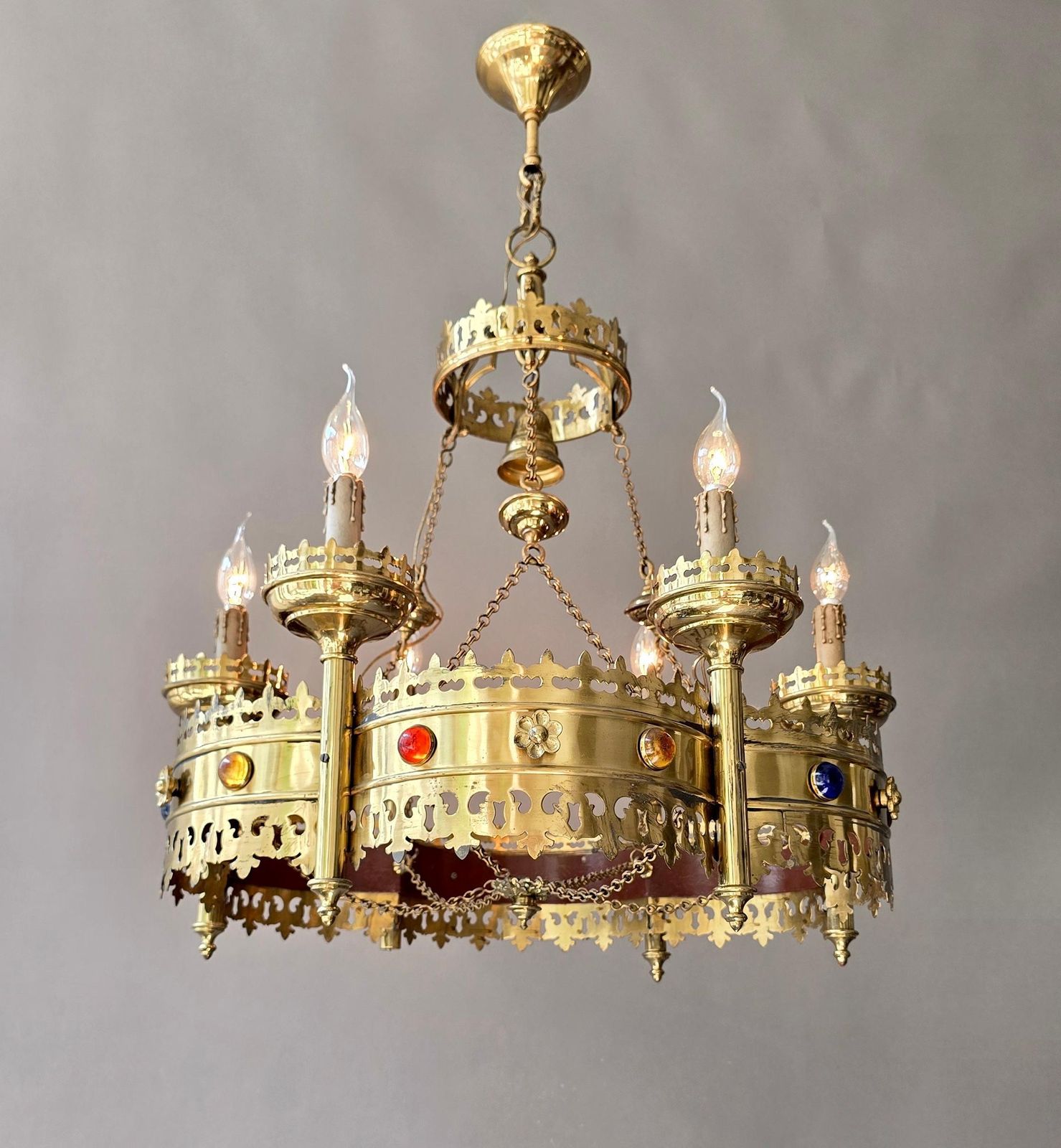 Large Gothic Revival Brass Crown Chandelier With Colored Glass Cabochons, Spain photo for sale