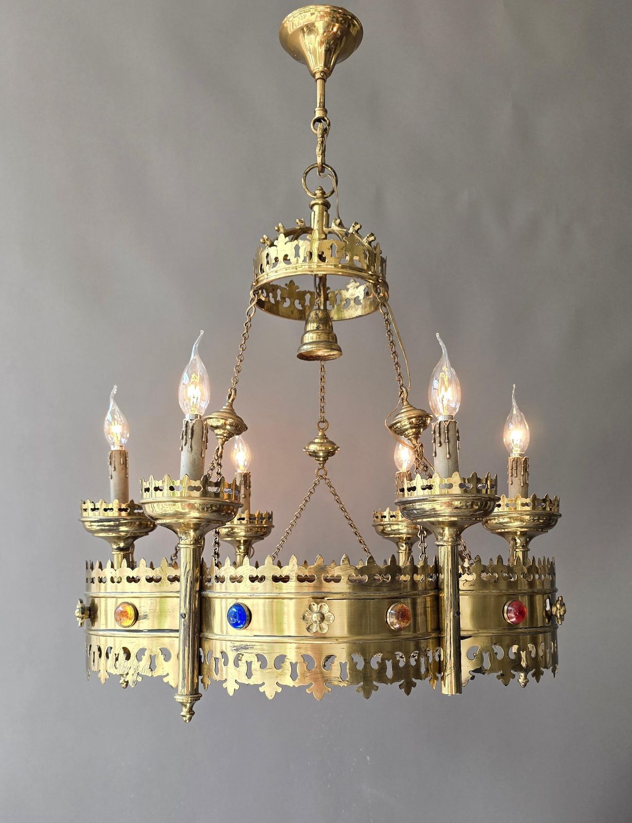 Large Gothic Revival Brass Crown Chandelier With Colored Glass Cabochons, Spain photo buy