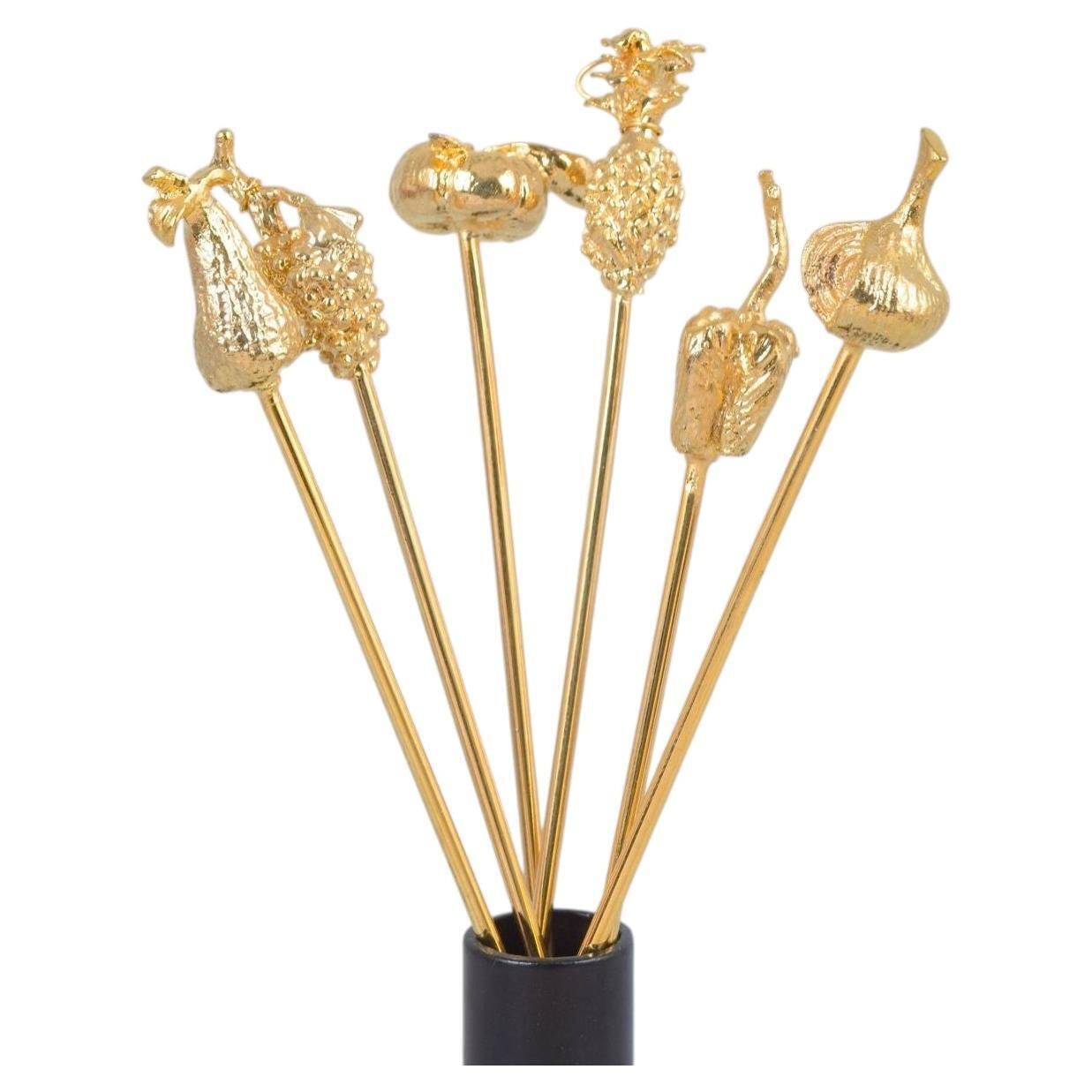Skultuna. Zes Cocktailprikkers met Fruit- en Groentemotieven. Eind 20e Eeuw.