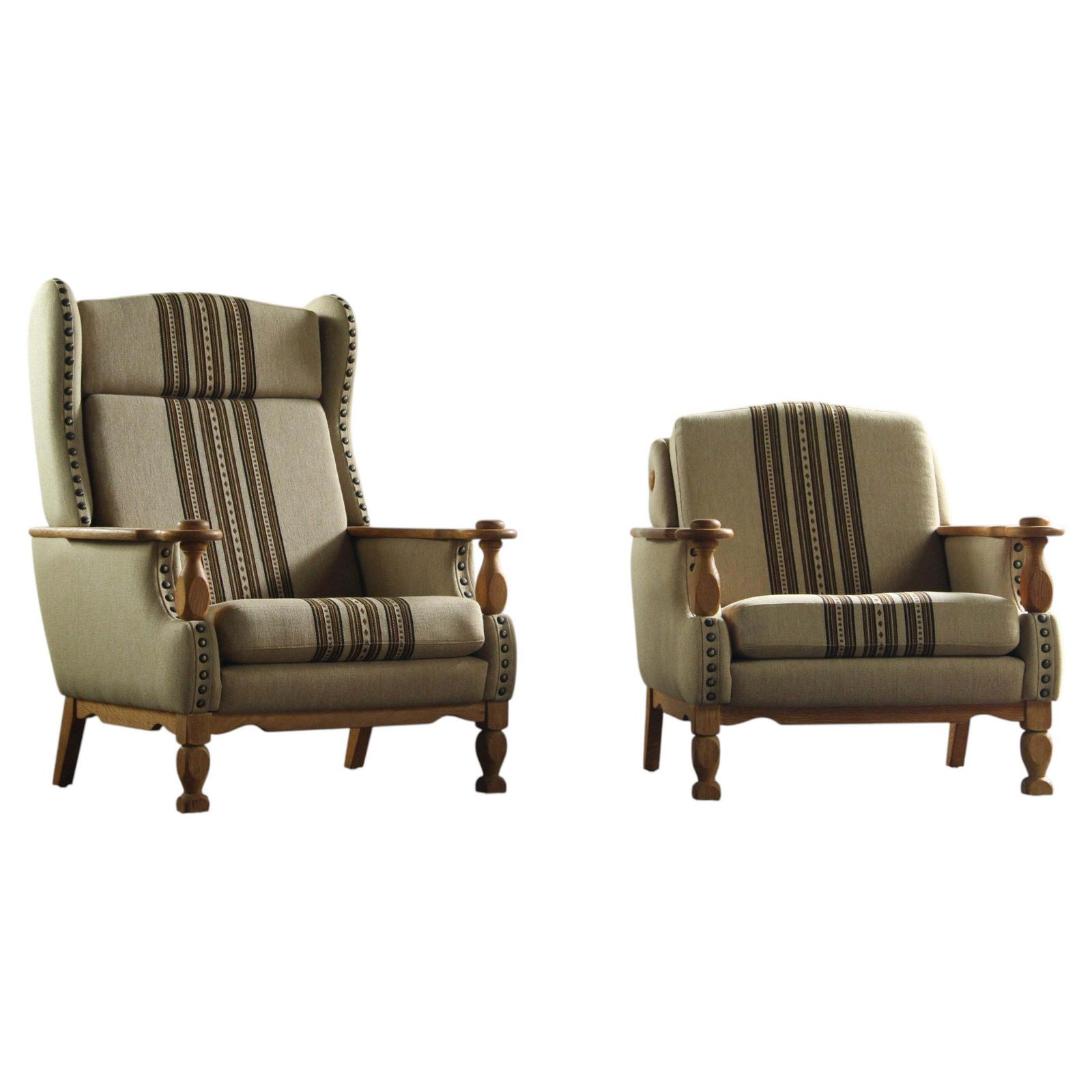 Vintage Jaren 1960 Set Lage En Hoge Fauteuils In Eiken, In De Stijl Van Henning Kjærnulf