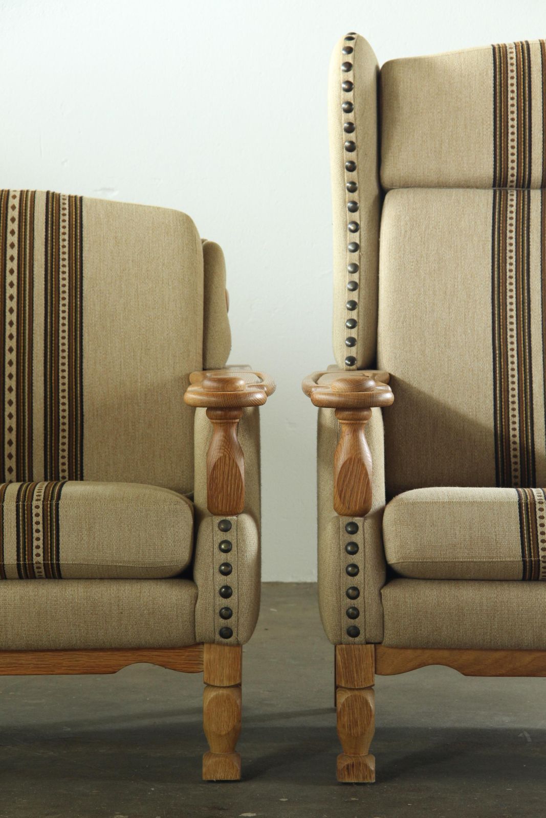 photo for sale Vintage 1960s Set Of Low & High Back Lounge Chair Oak, Style Of Henning Kjærnulf