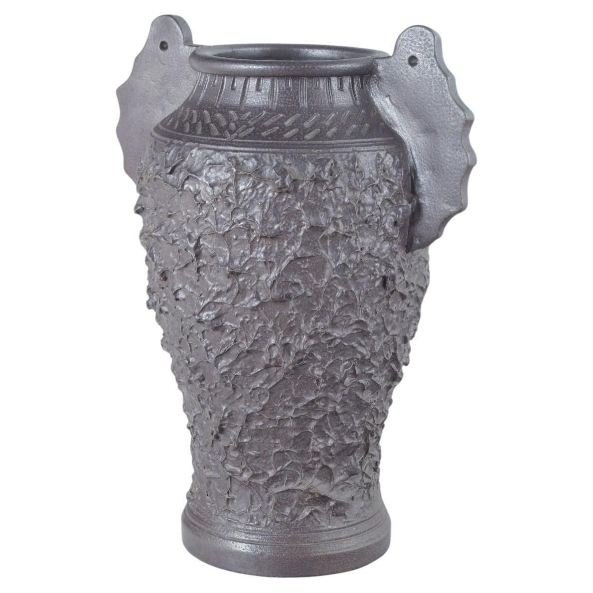 Höganäs. Ceramic Vase With Textured Surface And Sculptural Handles. Early 20th C