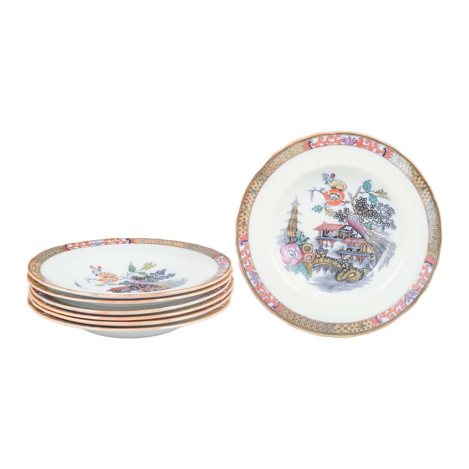Rörstrand, Zweden. Zeven diepe borden in faience. Serie 'Japan'. Begin 20e eeuw.
