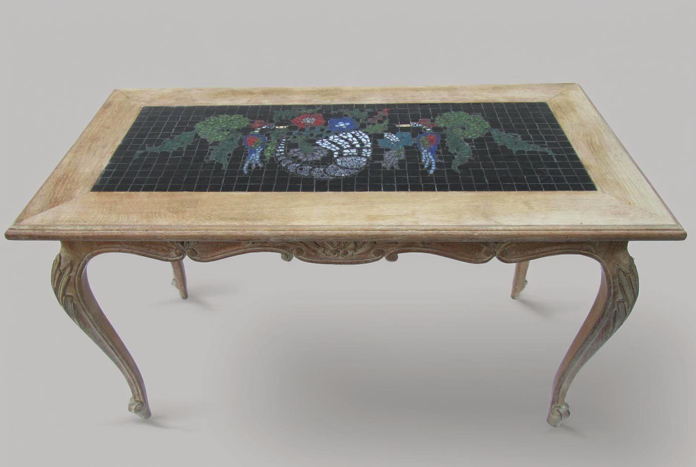Vintage Coffee Table In Oak And Mosaic With Inlay Artwork, 1970s photo furniture