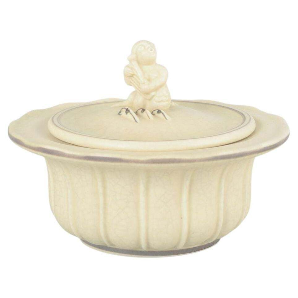 Jens Jacob Bregnø. Royal Copenhagen. Art Deco Faience Pot. Deksel Met Figuratieve Knop