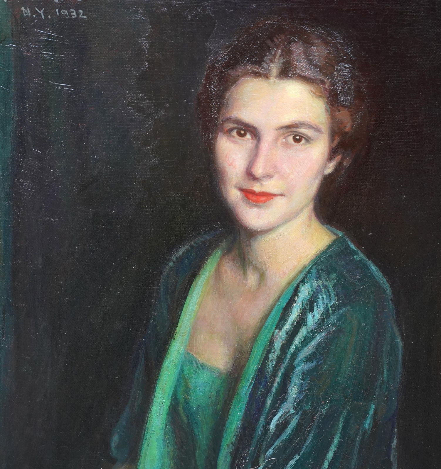 Art Deco Portrait Of Woman In Green Dress   Italian 1930's Art Oil Painting photo Art