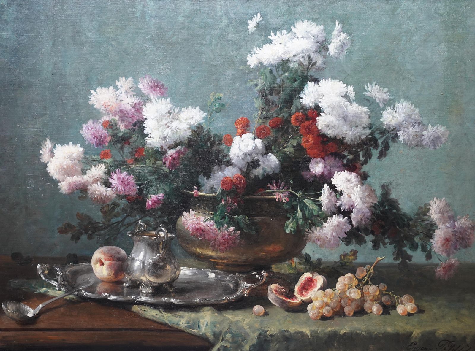 Chrysanthemums In Urn   French 19th Century Still Life Floral Art Oil Painting photo furniture