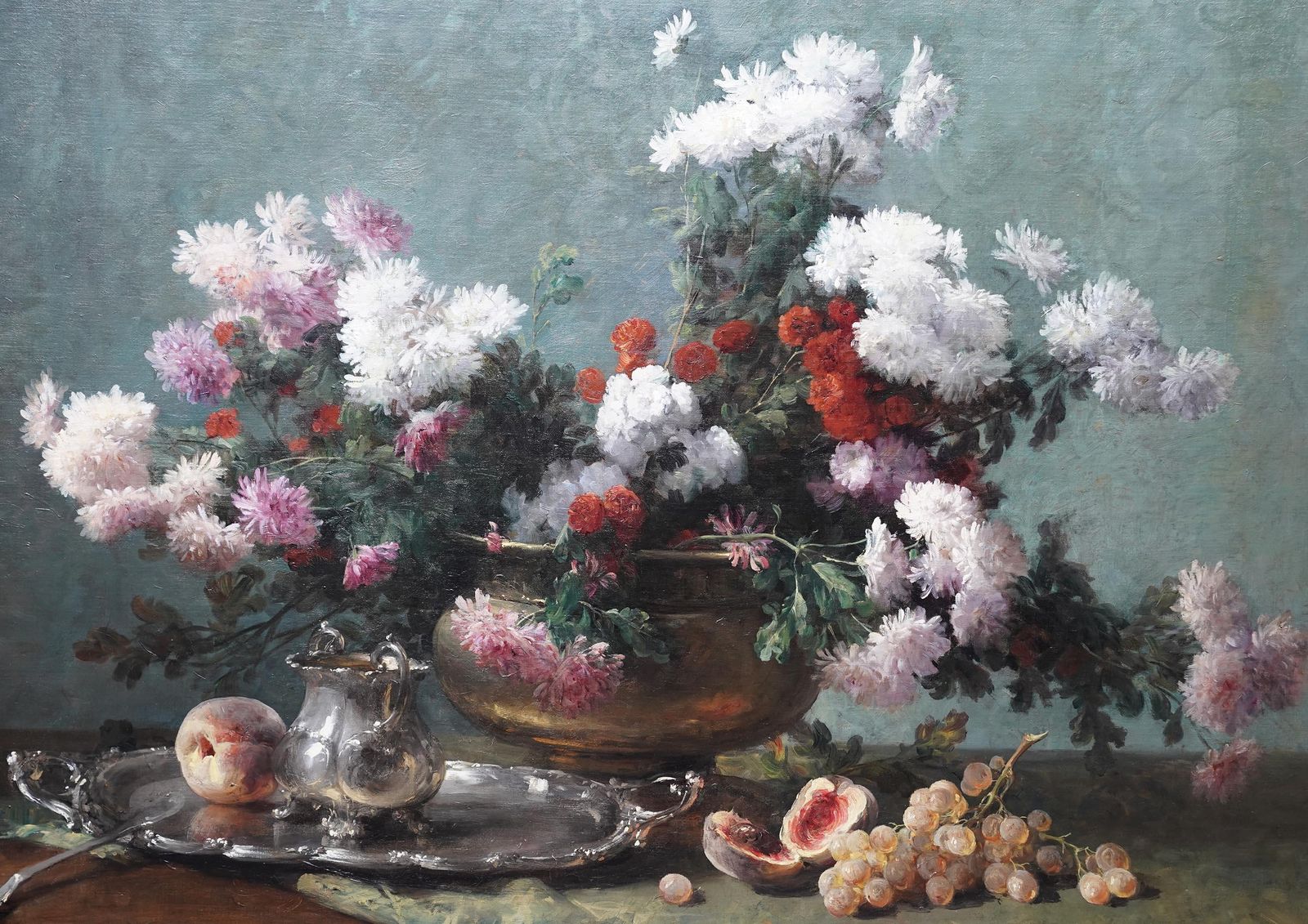 Chrysanthemums In Urn   French 19th Century Still Life Floral Art Oil Painting photo for sale