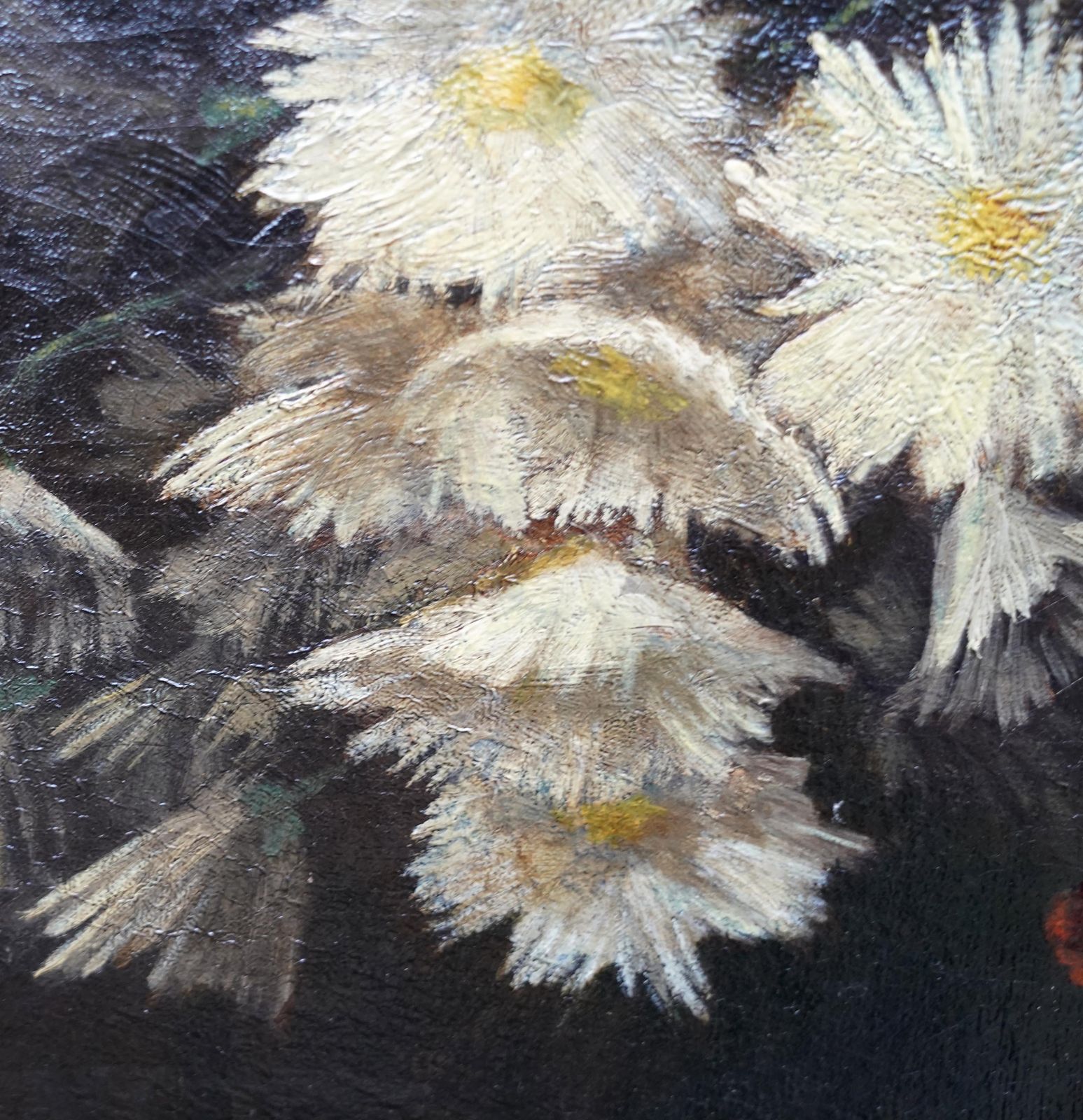 Yellow Chrysanthemums In Vase   French 19thc Floral Still Life Art Oil Painting photo vintage
