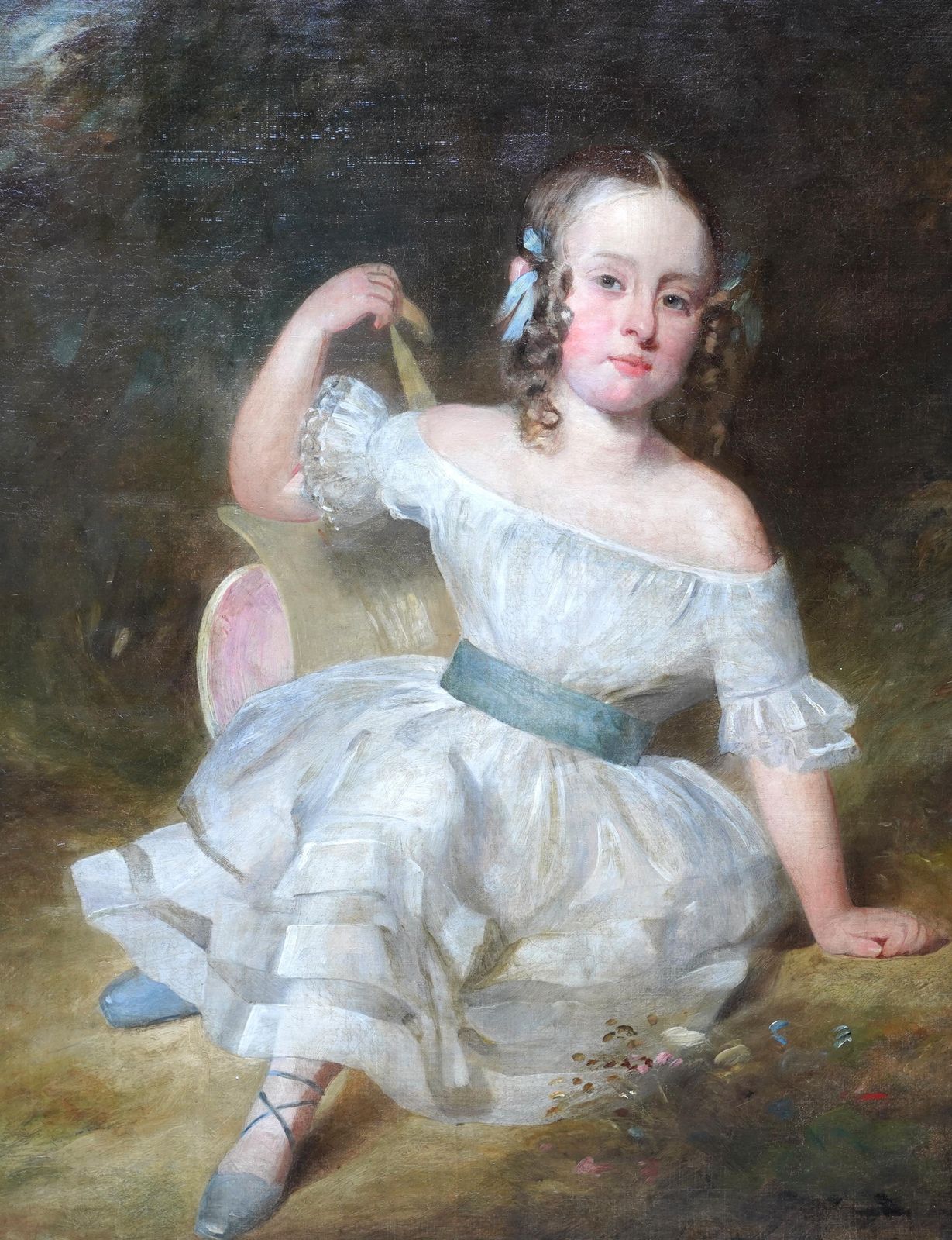 photo for sale Portrait Of Girl With Blue Sash And Shoes   British Old Master Art Oil Painting