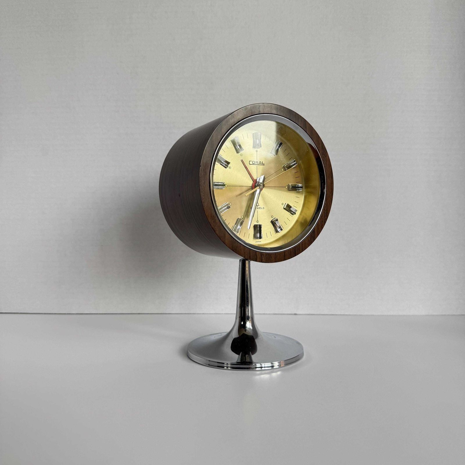 1970s Coral Space Age Tulip Pedestal Clock Mid Century Modern Japanese Alarm Clock