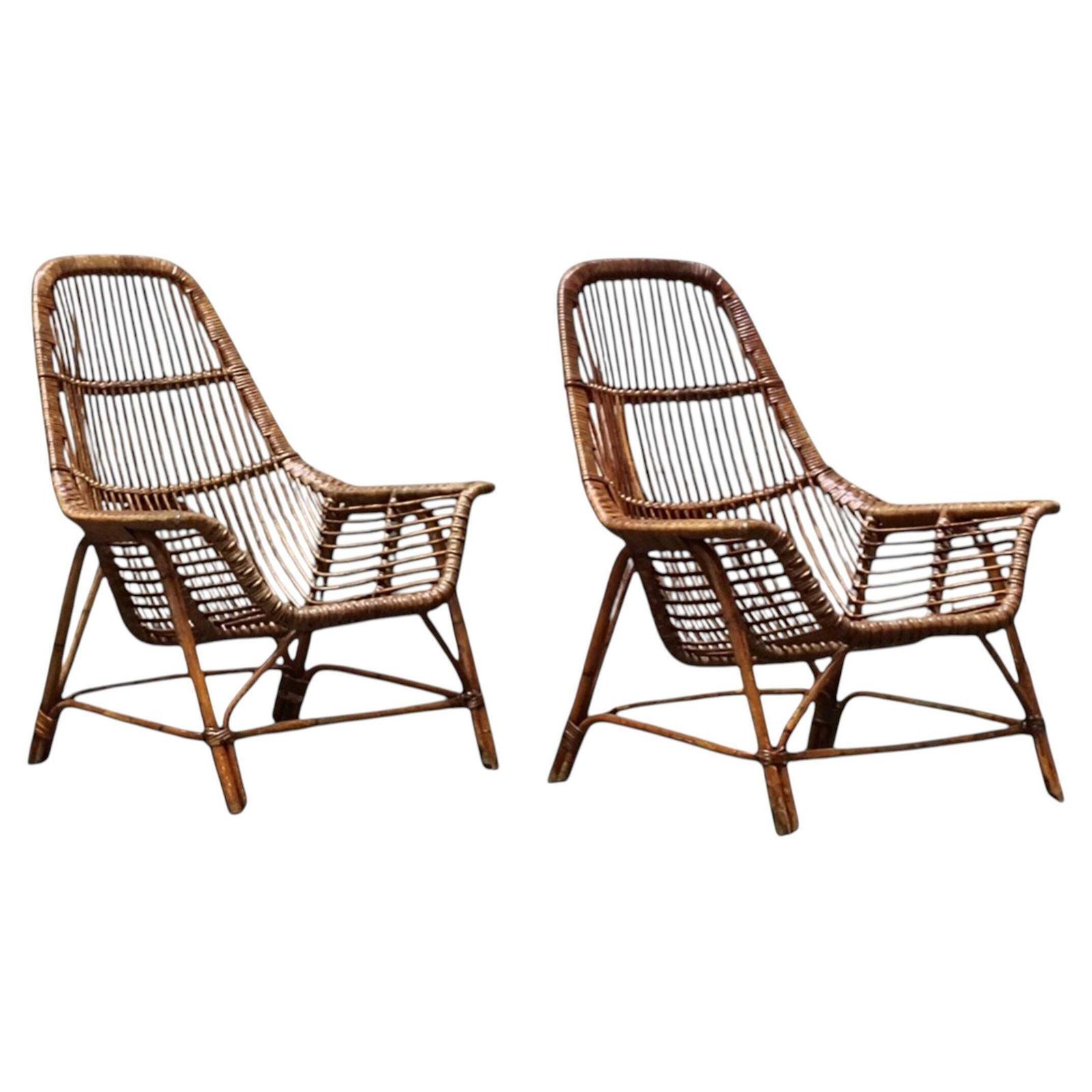 George Coslin For Gervasoni Pair Of Jungle Armchairs In Rattan, Italy 1960s