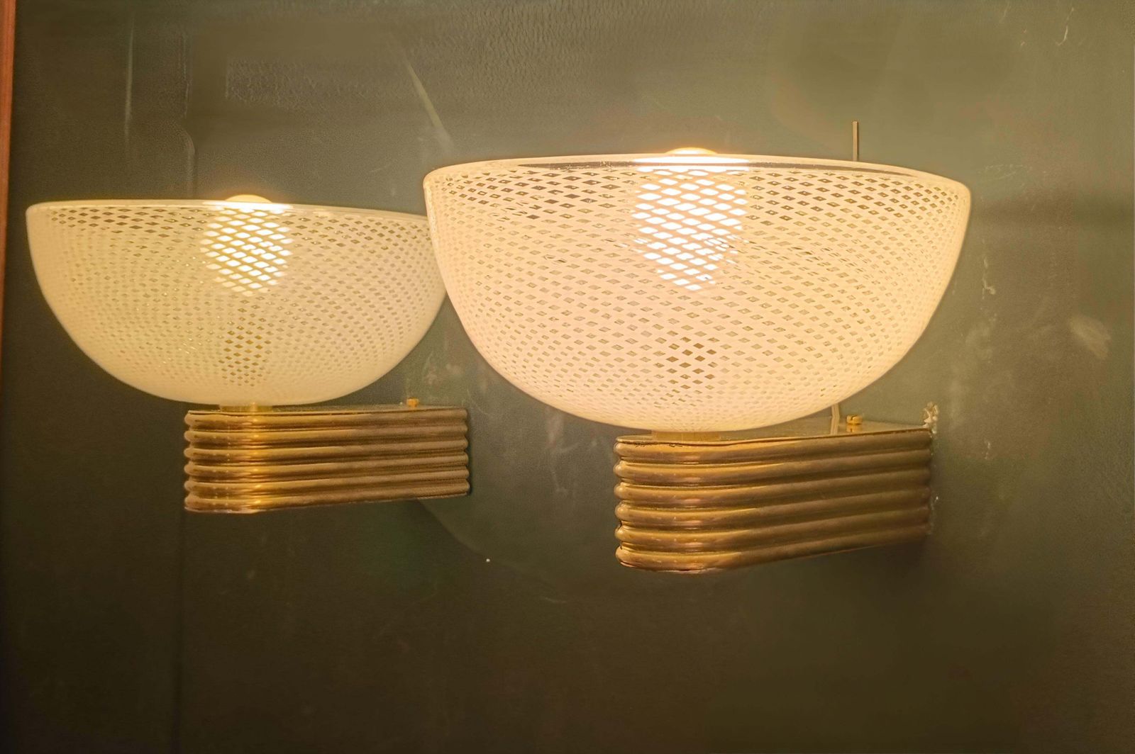 Paolo Venini Pair Of Murano Glass Wall Lamps "Reticello, 1930s photo vintage