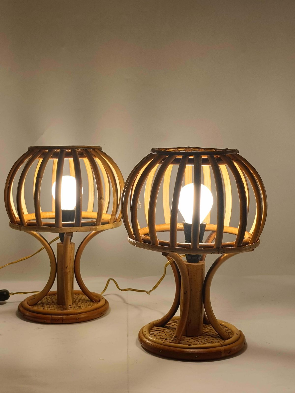 Louis Sognot Style Pair Of Rattan And Bambu' Table Lamps, Italy 1960s photo buy