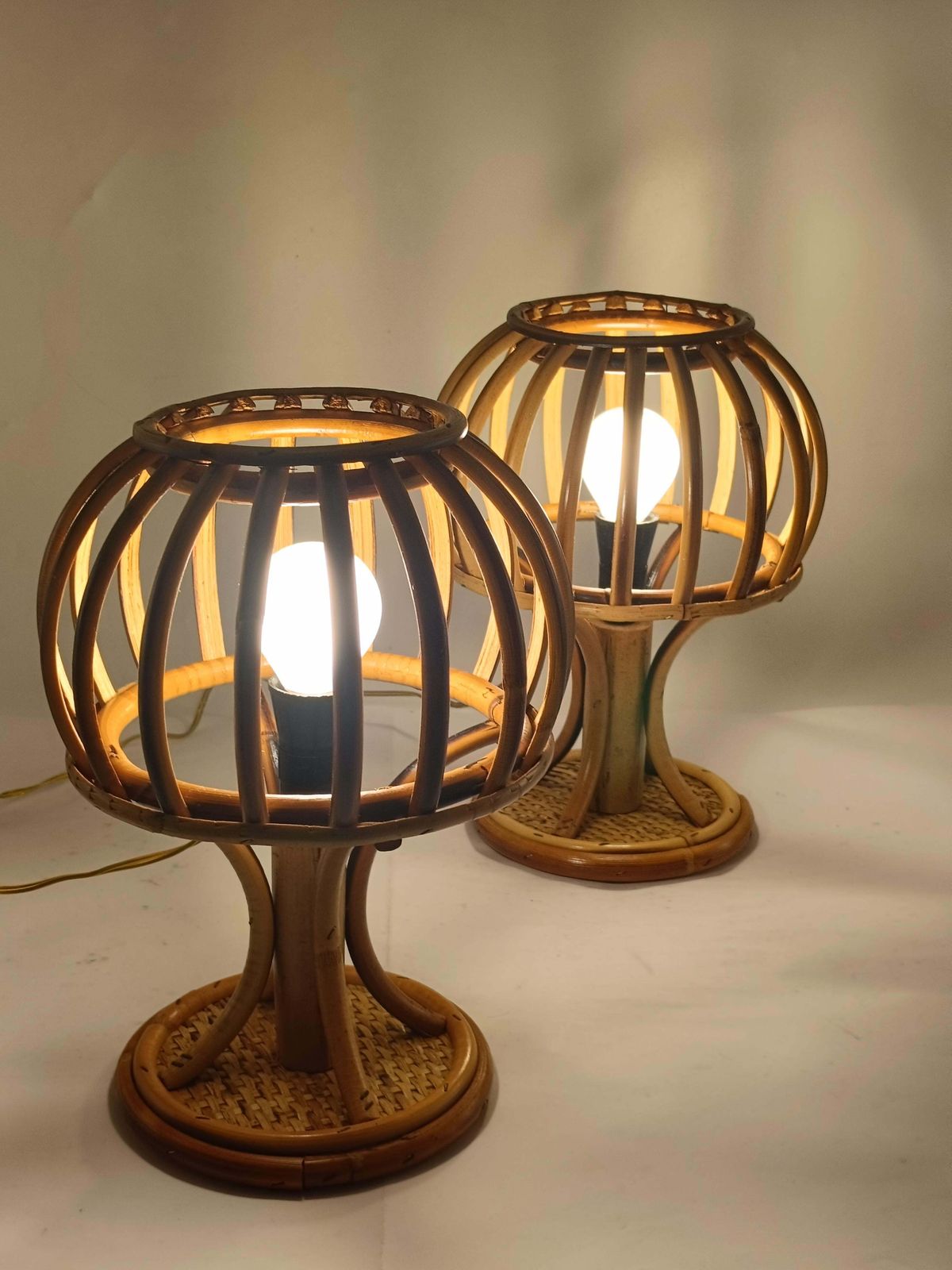 Louis Sognot Style Pair Of Rattan And Bambu' Table Lamps, Italy 1960s photo vintage