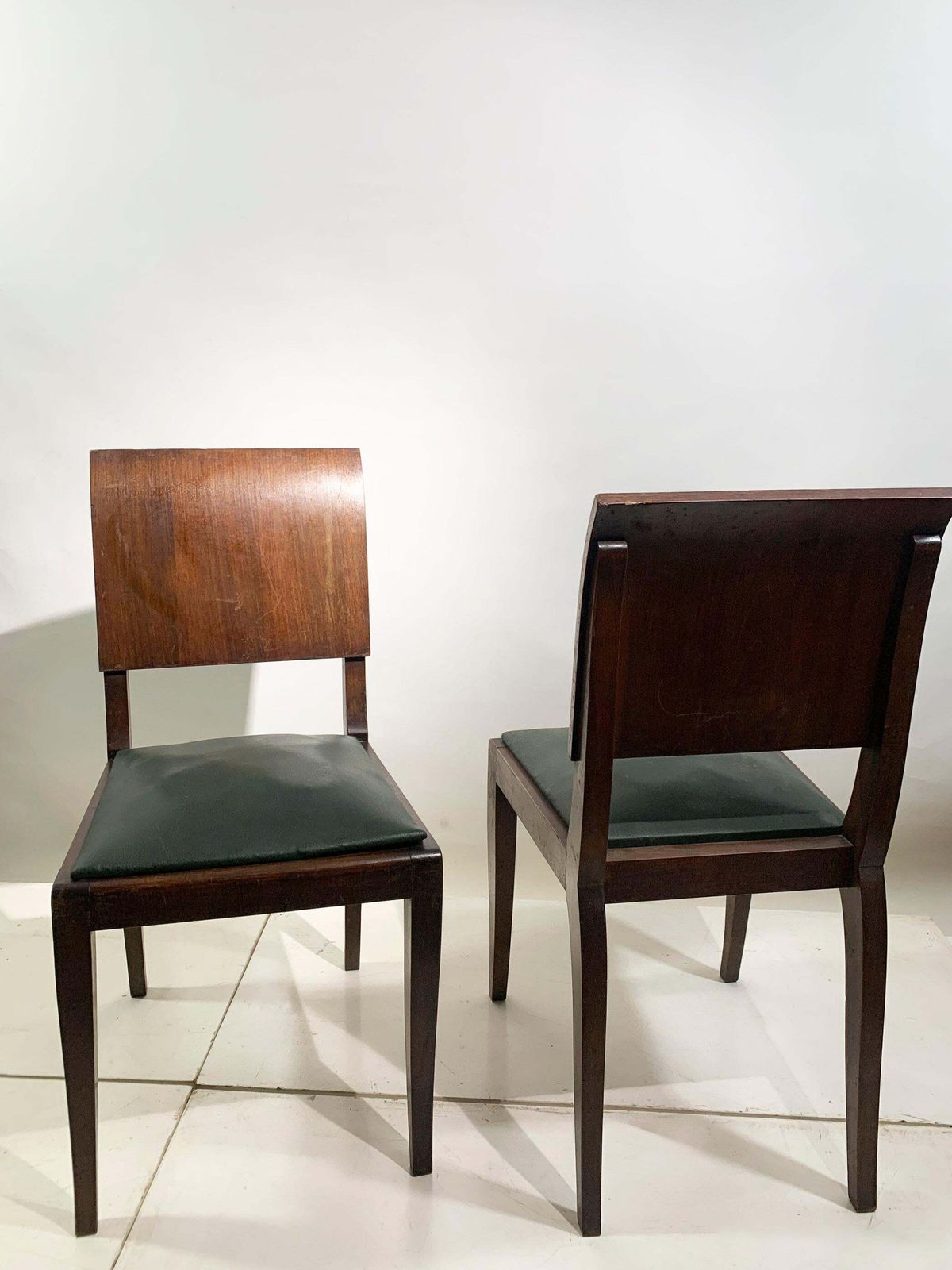 Set Of 4 Art Deco Wooden Dining Chairs With Dark Green Leather Seats, 1930's photo buy