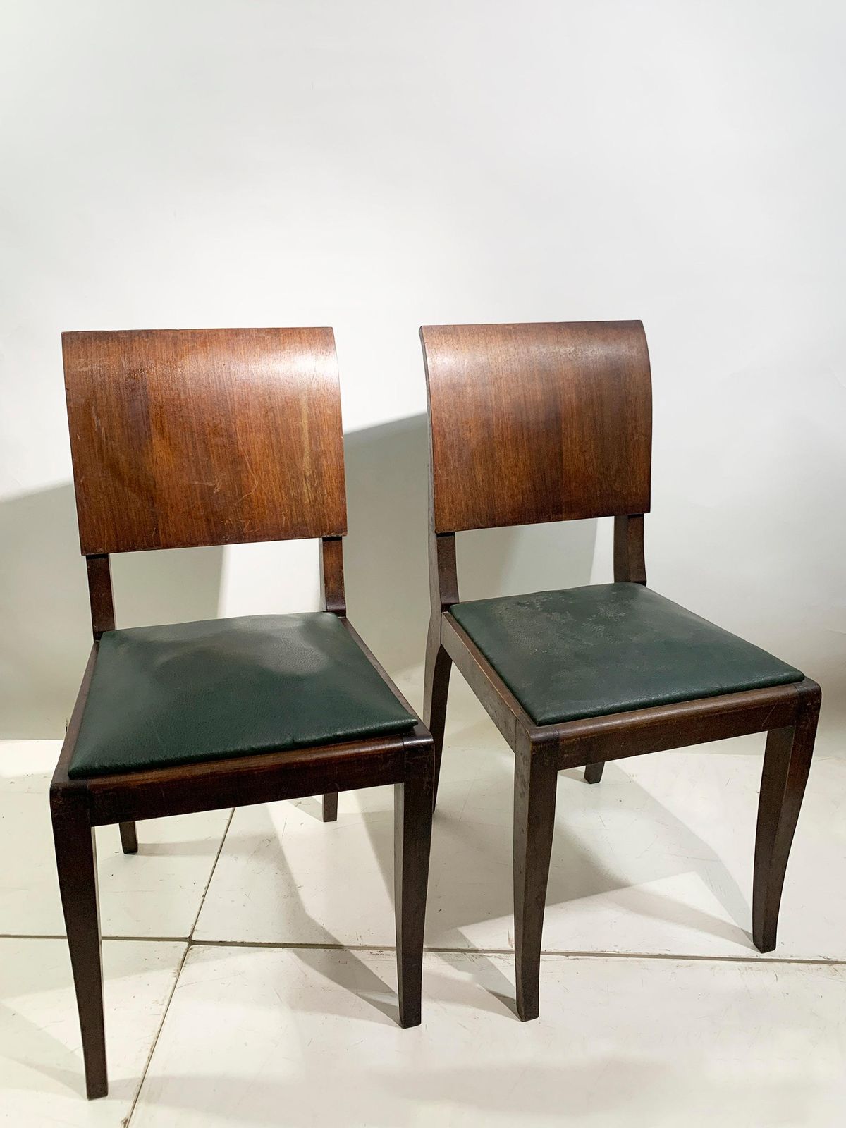 Set Of 4 Art Deco Wooden Dining Chairs With Dark Green Leather Seats, 1930's photo vintage