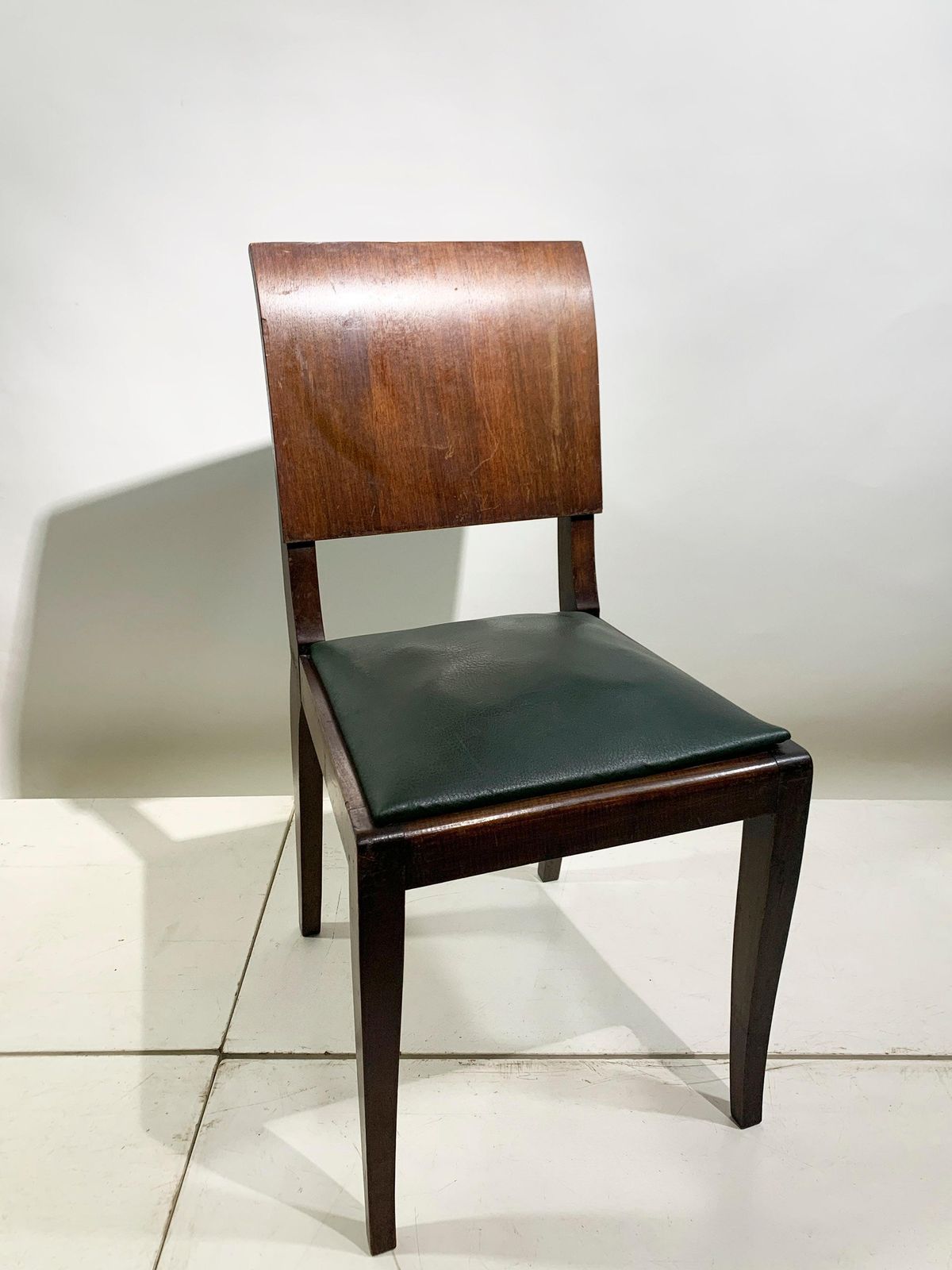 Furniture Set Of 4 Art Deco Wooden Dining Chairs With Dark Green Leather Seats, 1930's photo
