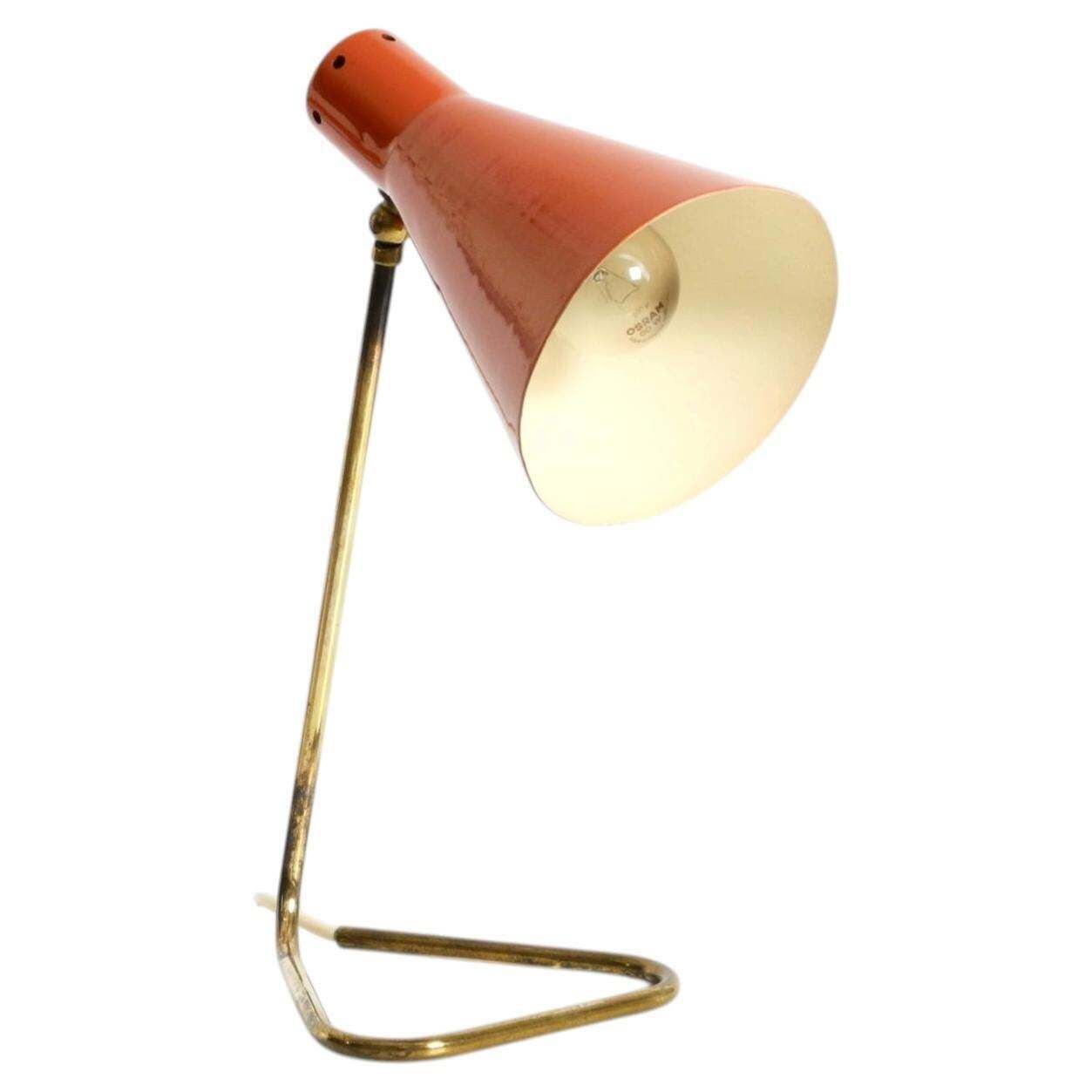Beautiful, Large Mid Century Modern Brass Table Lamp With A Brick Red Shade