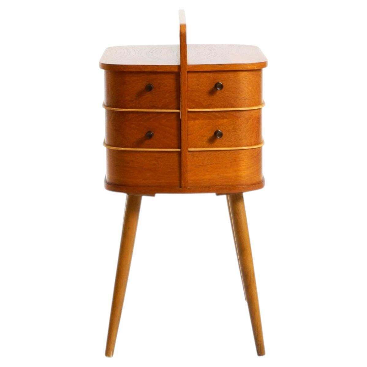 Beautiful Original Mid Century Teak Sewing Box With Hinged Compartments