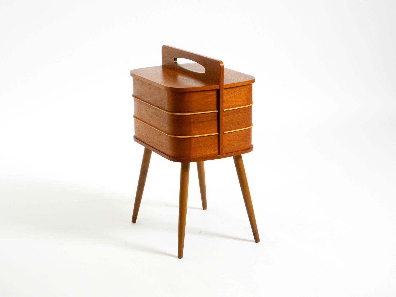 Beautiful Original Mid Century Teak Sewing Box With Hinged Compartments photo vinterior