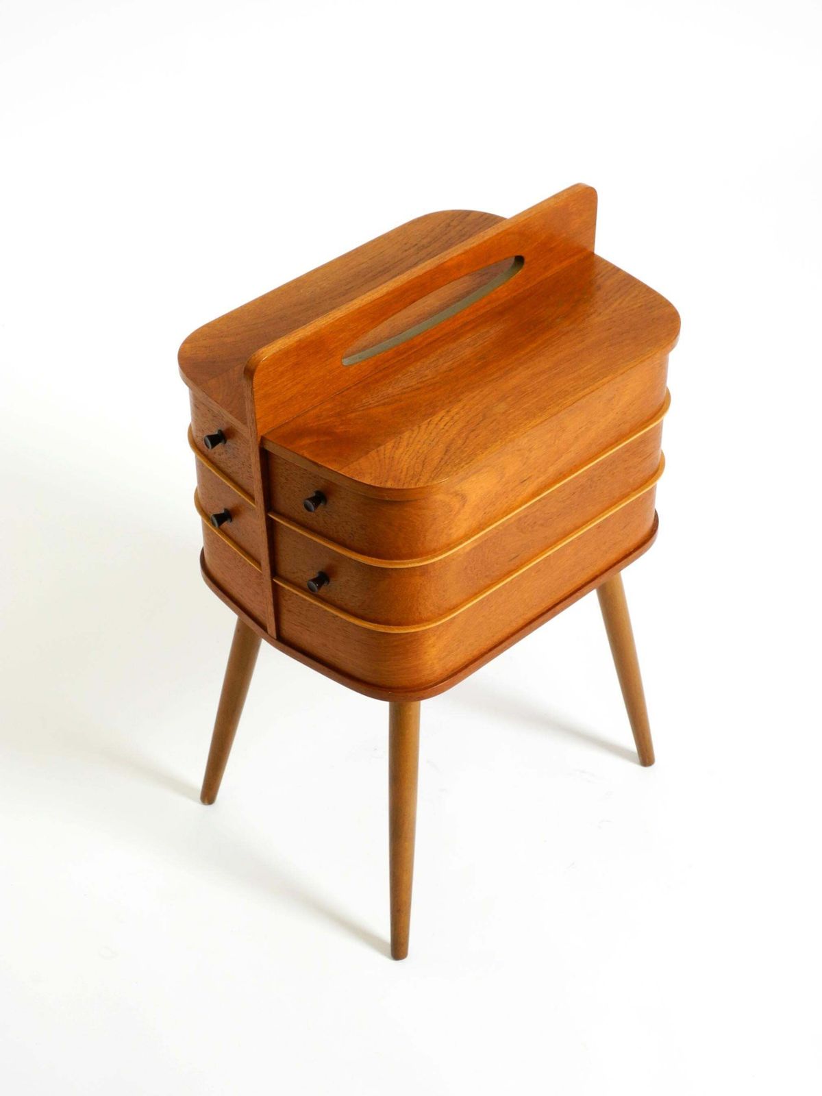 photo furniture Beautiful Original Mid Century Teak Sewing Box With Hinged Compartments