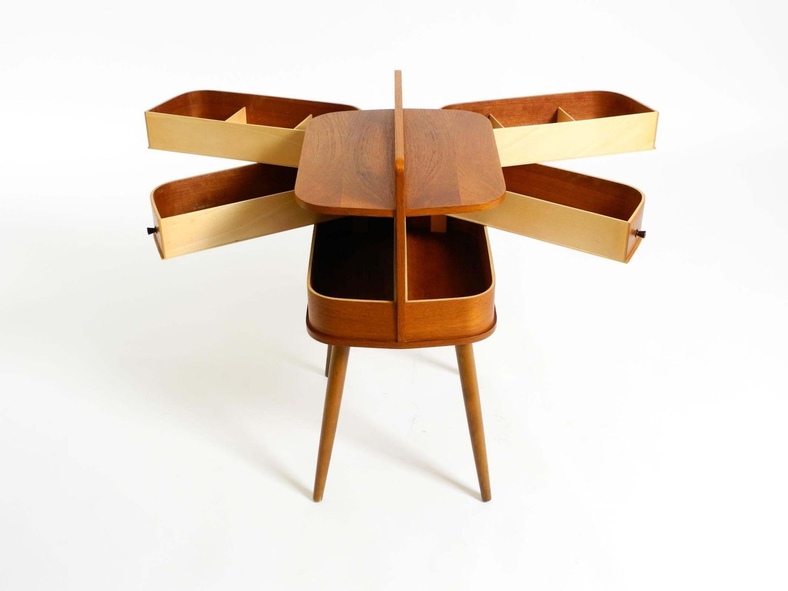 photo vinterior Beautiful Original Mid Century Teak Sewing Box With Hinged Compartments