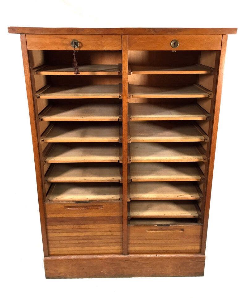 photo furniture Antique 1950s Wood Oak Double Tambour Fronted Office Paper Filing Cabinet & Key