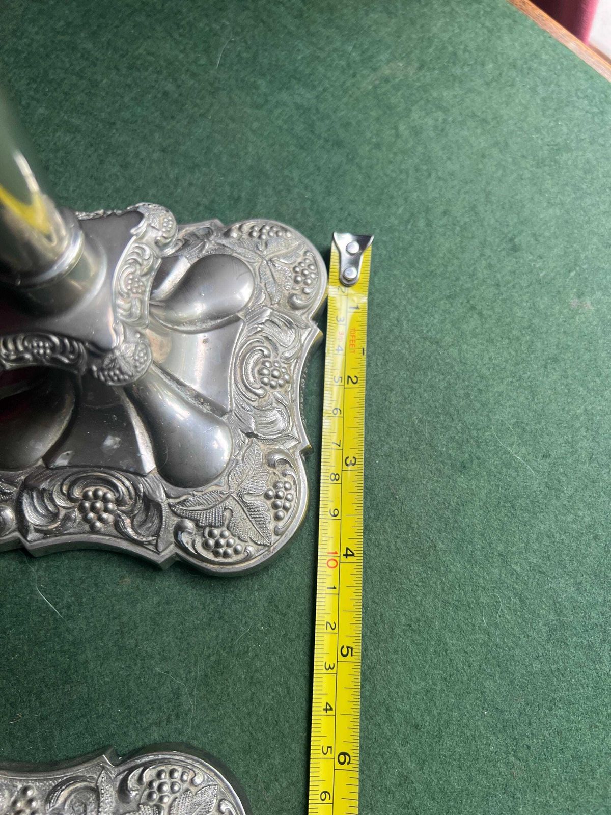 79.0 Pair Of Vintage Antique Candlestick Holders. Grape And Vine Pattern Silver Plated 3 Arm Candle Holders. Mismatched Heights. photo