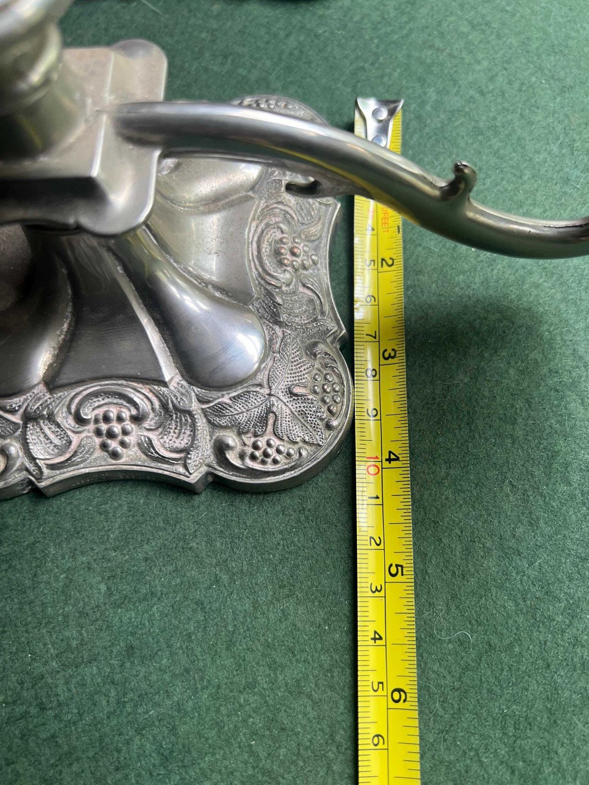 photo vinterior Pair Of Vintage Antique Candlestick Holders. Grape And Vine Pattern Silver Plated 3 Arm Candle Holders. Mismatched Heights.