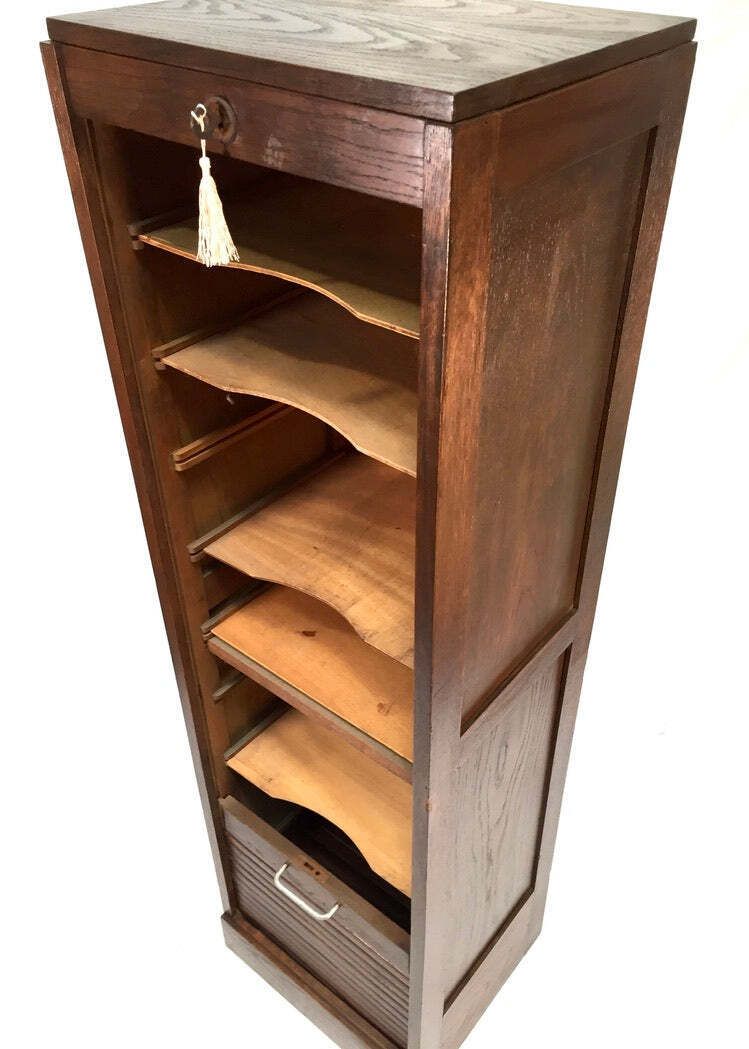 Antique 1950s Wooden Oak Tambour Fronted Office Paper Filing Cabinet With Key photo Furniture