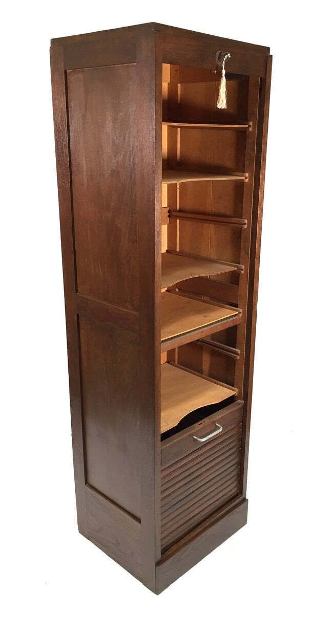 Antique 1950s Wooden Oak Tambour Fronted Office Paper Filing Cabinet With Key photo vinterior